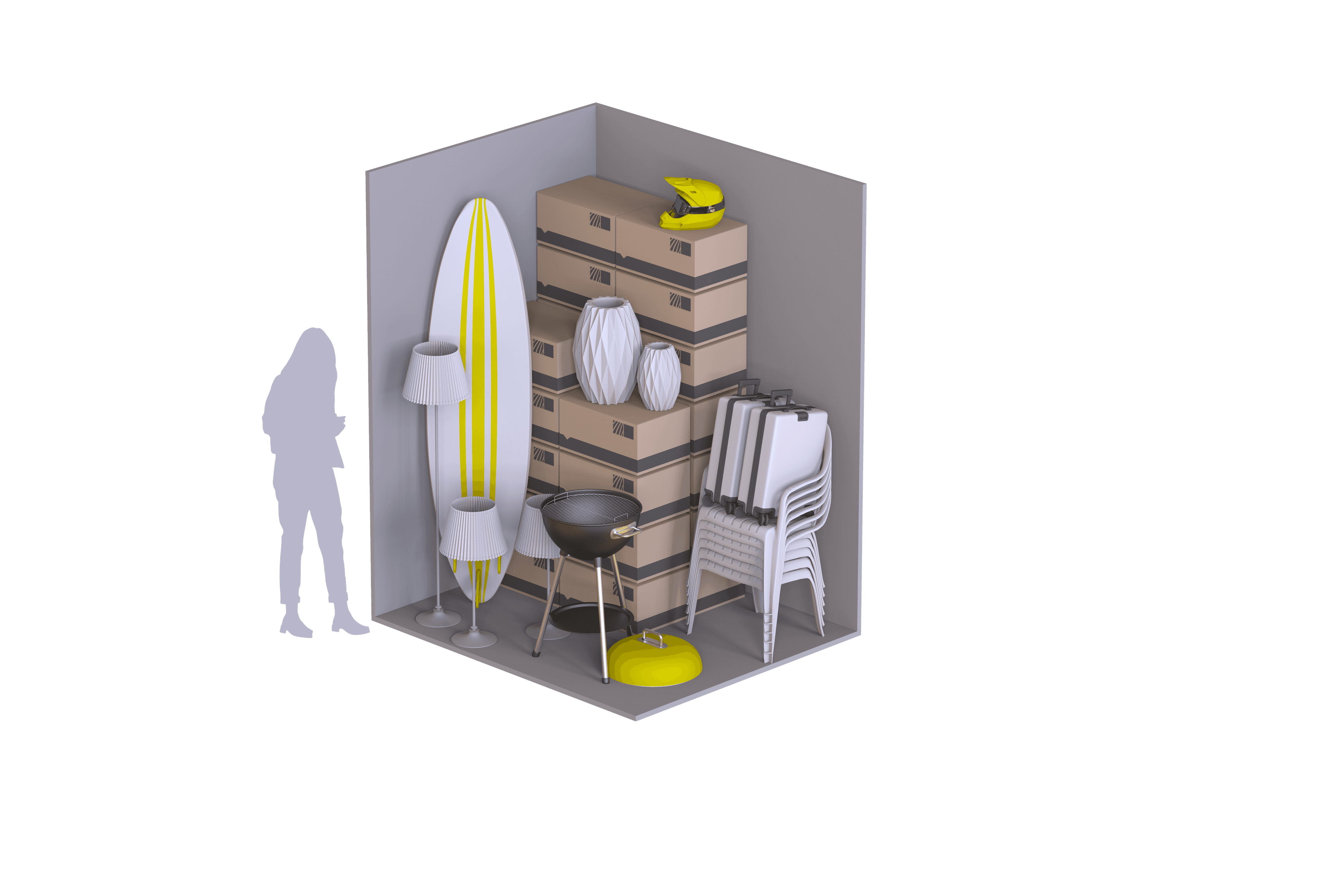 Rendering of a Category S storage unit with boxes, a surfboard, a lamp and individual items