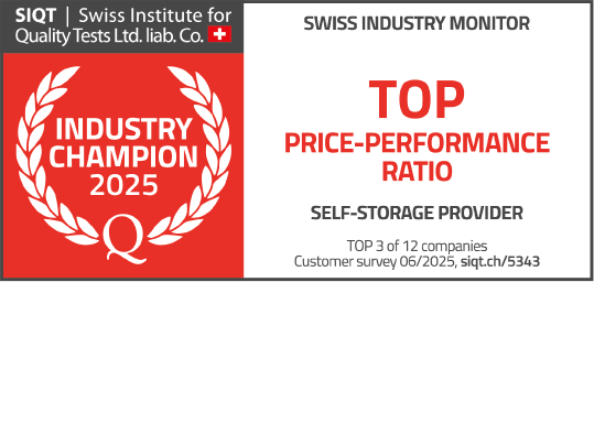 Quality label from the Swiss Institute for Quality Tests (SIQT), awarding the title "Industry Champion 2025 – Top Price/Performance" in the self-storage provider category. Ranked top 3 out of 12 companies, based on a survey conducted in June 2025.