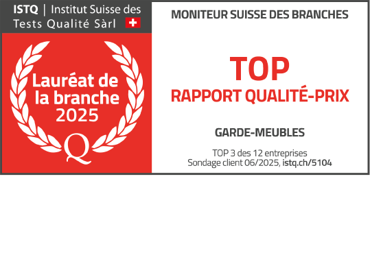 Label de qualité de l’Institut suisse pour les tests de qualité (SIQT) décernant le titre de « Champion de la branche 2025 – Meilleur rapport qualité/prix » dans la catégorie des fournisseurs de self-stockage. Top 3 sur 12 entreprises selon une enquête de juin 2025.