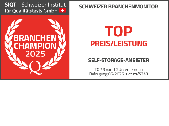 Gütesiegel des Schweizer Instituts für Qualitätstests (SIQT) mit der Auszeichnung "Branchen Champion 2025 – TOP Preis/Leistung" im Bereich Self-Storage-Anbieter. Top 3 von 12 Unternehmen, basierend auf einer Befragung im Juni 2025.